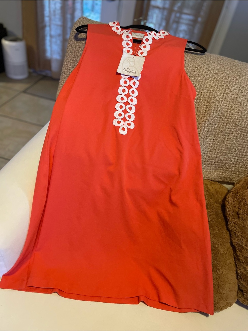 Sleeveless Coral Shift Dress with White Embellished Neckline